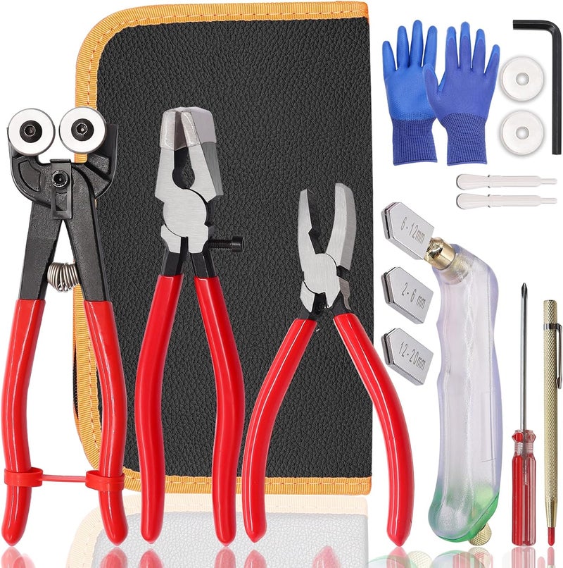 weideer Glass Cutters Tools,Glass Cutter, Mosaic Wheeled Glass Tile Nippers,Running Pliers Breaker Grozer Pliers,Stained Glass Cutting Tool Kit with Replacement Cutting Wheel Gloves Leather Bag - Image 1